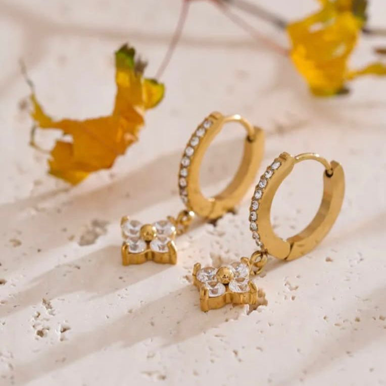 Gold hoop earrings with diamond accents on a light background Gold_plated_earring_anti_tarnish goldess jewelley